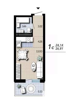 Студия квартира, вторичка, 27м2, 13/16 этаж
