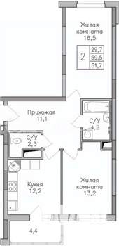 2-к квартира, строящийся дом, 62м2, 20/25 этаж