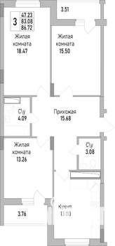 3-к квартира, строящийся дом, 87м2, 6/18 этаж