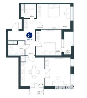 3-к квартира, строящийся дом, 94м2, 15/25 этаж