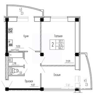 2-к квартира, строящийся дом, 66м2, 11/16 этаж