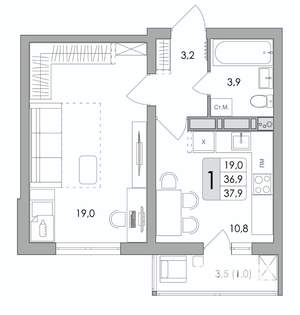 1-к квартира, вторичка, 38м2, 15/17 этаж