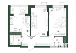 2-к квартира, строящийся дом, 54м2, 2/13 этаж