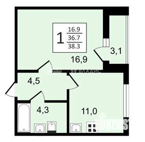 1-к квартира, строящийся дом, 38м2, 2/21 этаж