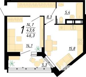 1-к квартира, строящийся дом, 46м2, 6/25 этаж