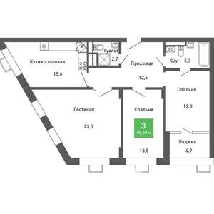 3-к квартира, строящийся дом, 88м2, 8/14 этаж