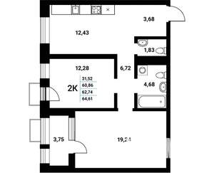 2-к квартира, строящийся дом, 65м2, 4/21 этаж