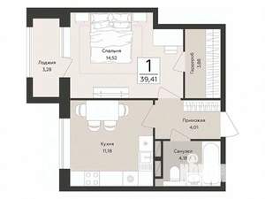 1-к квартира, строящийся дом, 39м2, 4/14 этаж