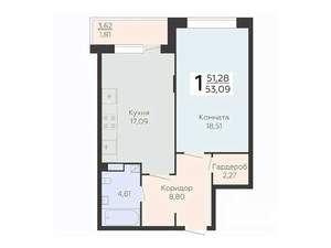 1-к квартира, вторичка, 53м2, 3/24 этаж
