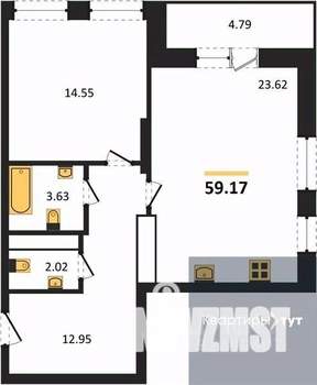 1-к квартира, вторичка, 59м2, 2/25 этаж