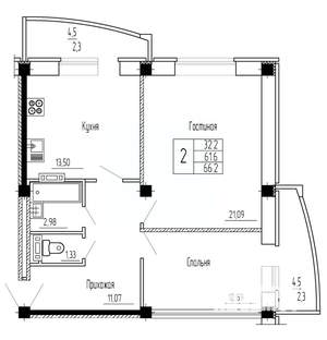 2-к квартира, строящийся дом, 66м2, 9/16 этаж