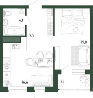 1-к квартира, строящийся дом, 43м2, 2/13 этаж