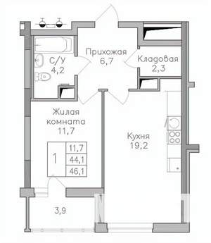 1-к квартира, вторичка, 46м2, 14/25 этаж