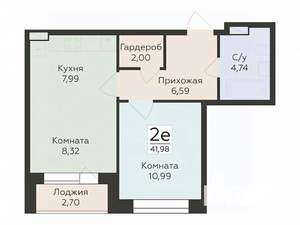 2-к квартира, вторичка, 42м2, 2/12 этаж