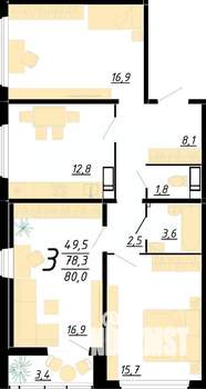 3-к квартира, строящийся дом, 80м2, 15/20 этаж