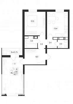 2-к квартира, строящийся дом, 66м2, 1/17 этаж