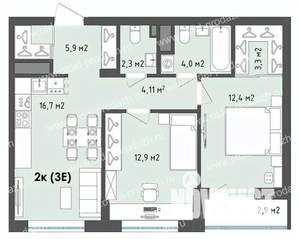 2-к квартира, строящийся дом, 63м2, 2/13 этаж