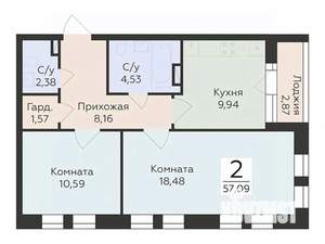 2-к квартира, вторичка, 57м2, 6/12 этаж