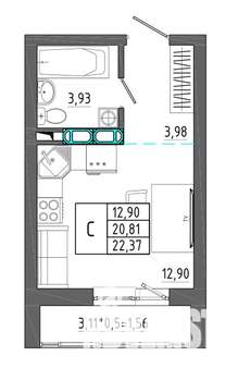 Студия квартира, строящийся дом, 22м2, 12/17 этаж