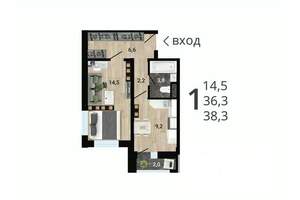 1-к квартира, строящийся дом, 38м2, 12/15 этаж