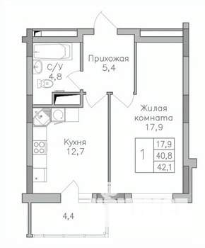1-к квартира, строящийся дом, 43м2, 1/25 этаж