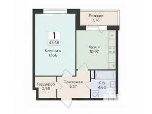 1-к квартира, вторичка, 44м2, 9/16 этаж
