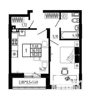 1-к квартира, вторичка, 38м2, 2/17 этаж