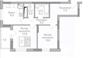 2-к квартира, строящийся дом, 55м2, 24/25 этаж