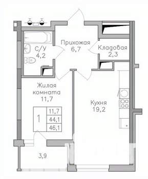 1-к квартира, строящийся дом, 46м2, 25/25 этаж
