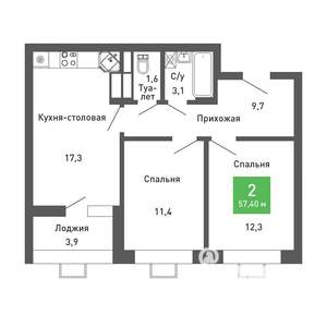 2-к квартира, строящийся дом, 57м2, 8/14 этаж