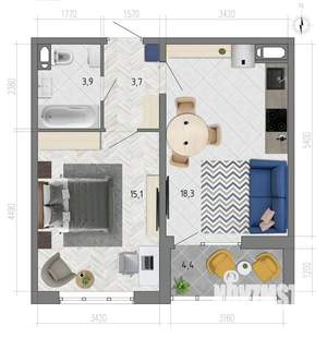 1-к квартира, вторичка, 43м2, 12/18 этаж