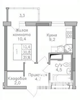 1-к квартира, строящийся дом, 32м2, 22/25 этаж
