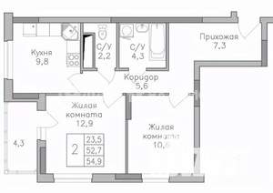 2-к квартира, строящийся дом, 55м2, 18/25 этаж