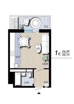 Студия квартира, вторичка, 30м2, 12/16 этаж