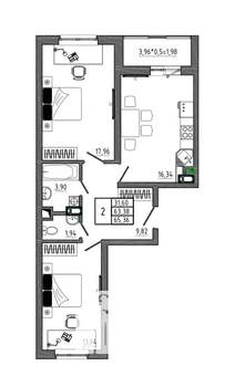 2-к квартира, вторичка, 65м2, 7/17 этаж