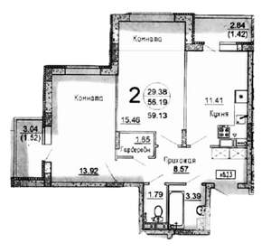 2-к квартира, вторичка, 59м2, 2/17 этаж