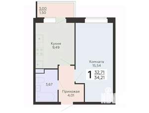1-к квартира, строящийся дом, 34м2, 5/19 этаж