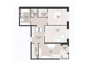2-к квартира, строящийся дом, 77м2, 2/14 этаж