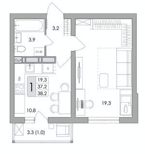 1-к квартира, строящийся дом, 38м2, 11/17 этаж