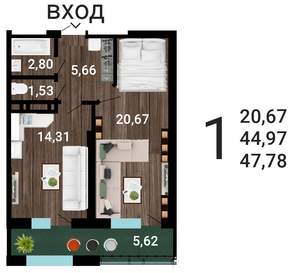 1-к квартира, вторичка, 50м2, 4/25 этаж
