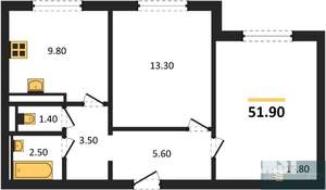 2-к квартира, вторичка, 52м2, 1/17 этаж