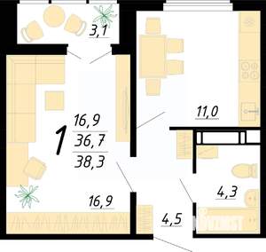 1-к квартира, строящийся дом, 38м2, 17/20 этаж