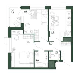 2-к квартира, строящийся дом, 50м2, 3/13 этаж