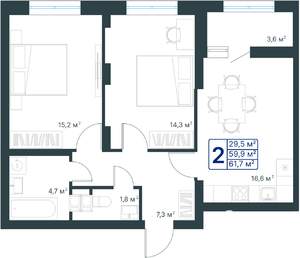 2-к квартира, строящийся дом, 62м2, 6/25 этаж