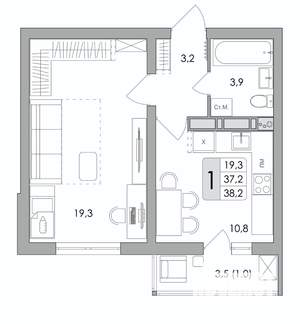 1-к квартира, строящийся дом, 38м2, 15/17 этаж