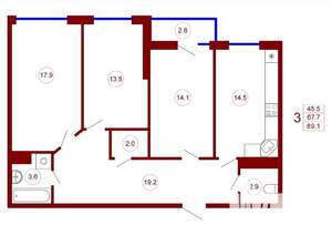 3-к квартира, вторичка, 89м2, 14/21 этаж