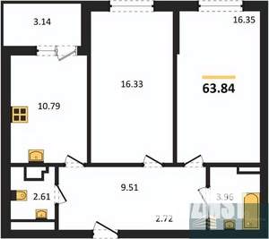 2-к квартира, вторичка, 64м2, 8/18 этаж