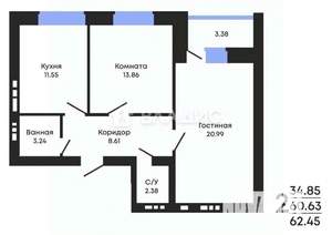 2-к квартира, вторичка, 61м2, 2/10 этаж