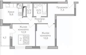 2-к квартира, строящийся дом, 55м2, 20/25 этаж