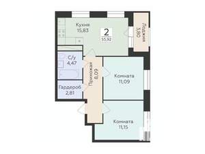 2-к квартира, строящийся дом, 56м2, 4/12 этаж